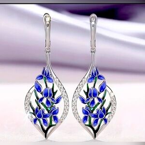 Floral Silver with Blue/Purple Orchid/Iris Earrings Zirconia Accent Dangly Stud